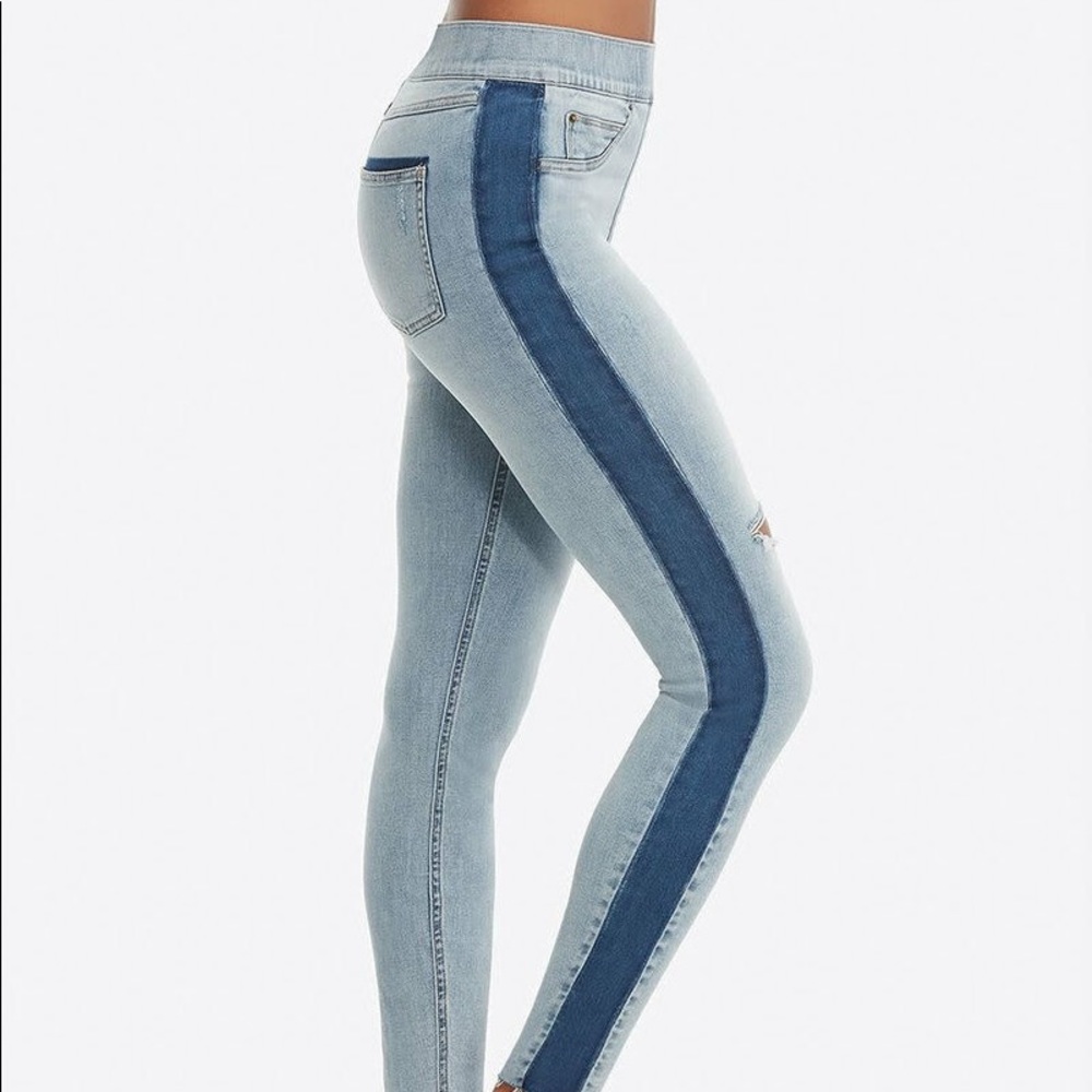 SPANX Tuxedo Stripe Vintage Distressed Skinny Jeans